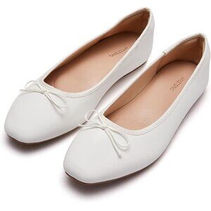 Women's White Polyurethane Closed Round Toe Comfortable Bow Ballet Flats Shoes